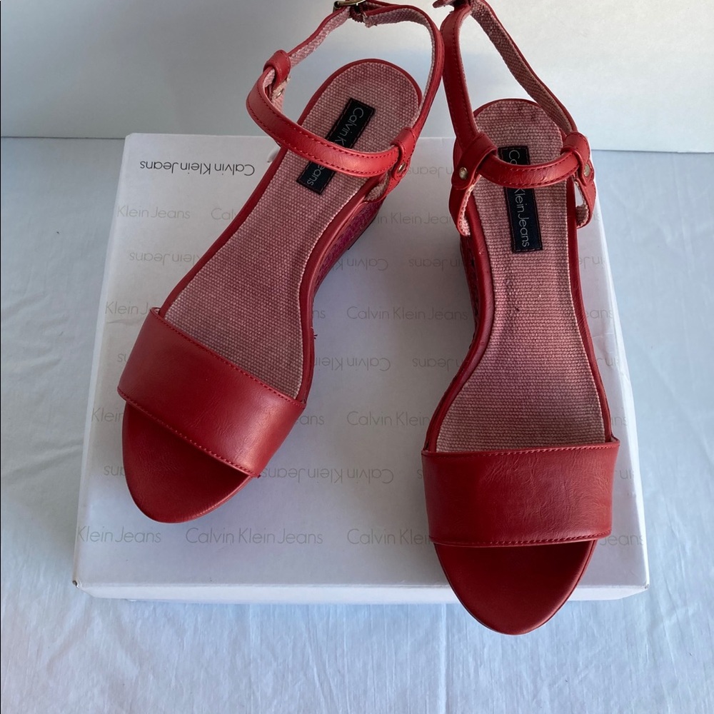 Calvin Klein Red Sandrine Smooth Wedge Sandals - Picture 2 of 6